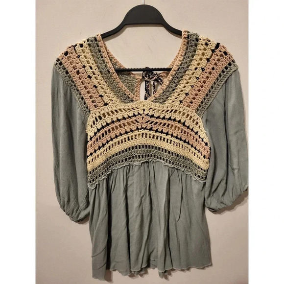 Easel Blue Crochet Peasant Top - Picture 2 of 5